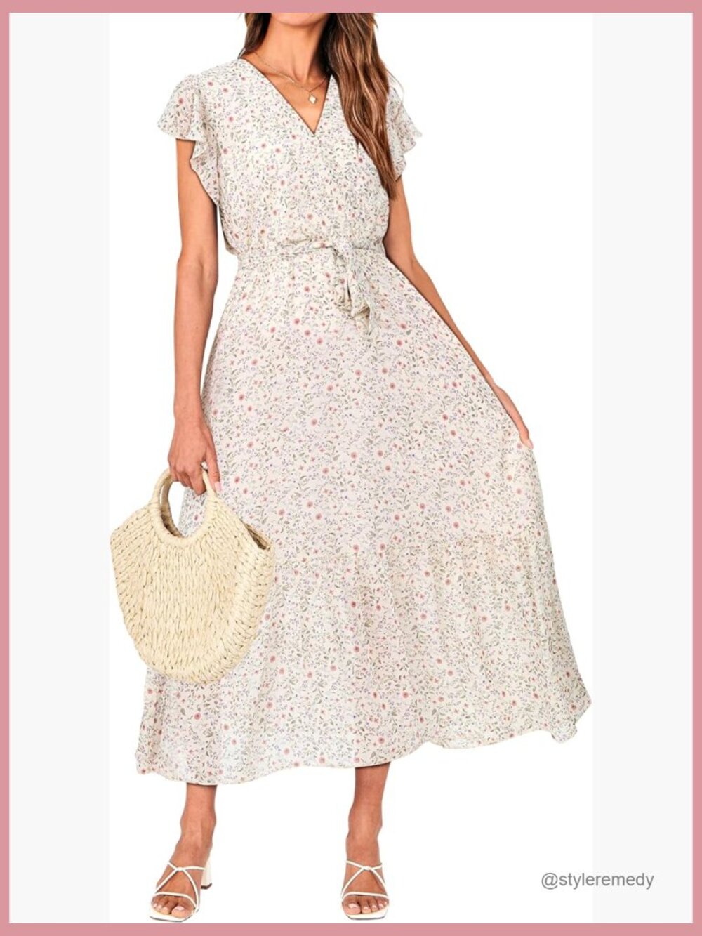 Polyester Summer Bohemian Floral Wrap V Neck Ruffle Sleeveless Midi Dress
